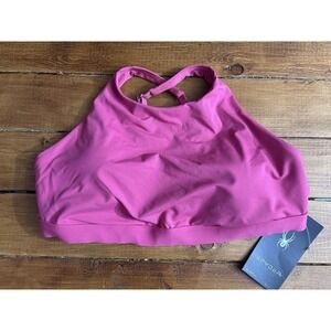 Spyder Swim Women's Large Bikini‎ Top Pink Padded Logo Cross Back NEW *TOP ONLY